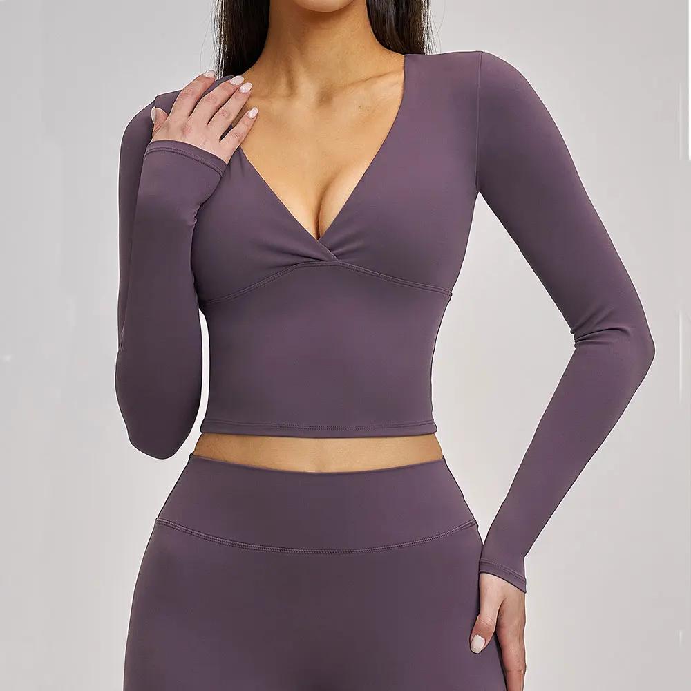 T-shirts de yoga pour femmes, coupe ajustée, manches longues, vêtements de sport, de fitness, de cou