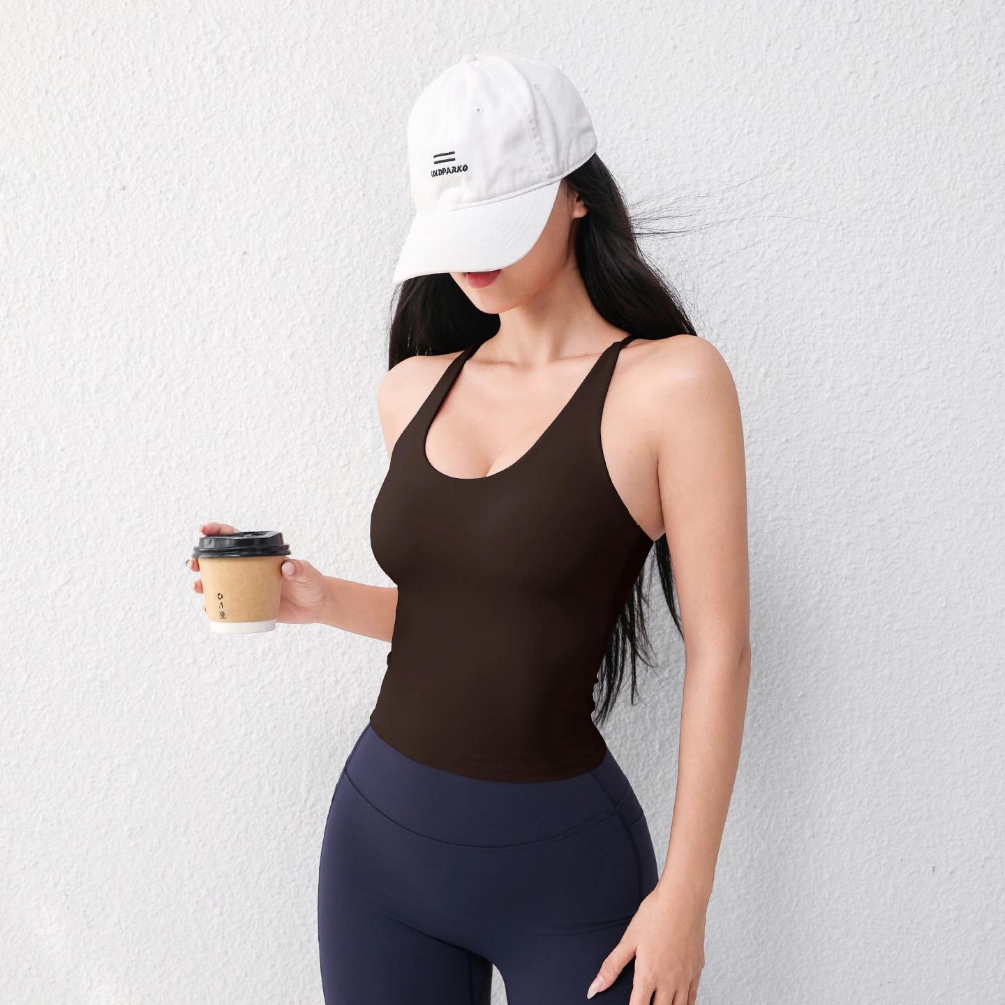 Gilet de Yoga à col en U pour femmes, avec coussinet de poitrine, haut de sport, respirant, conforta