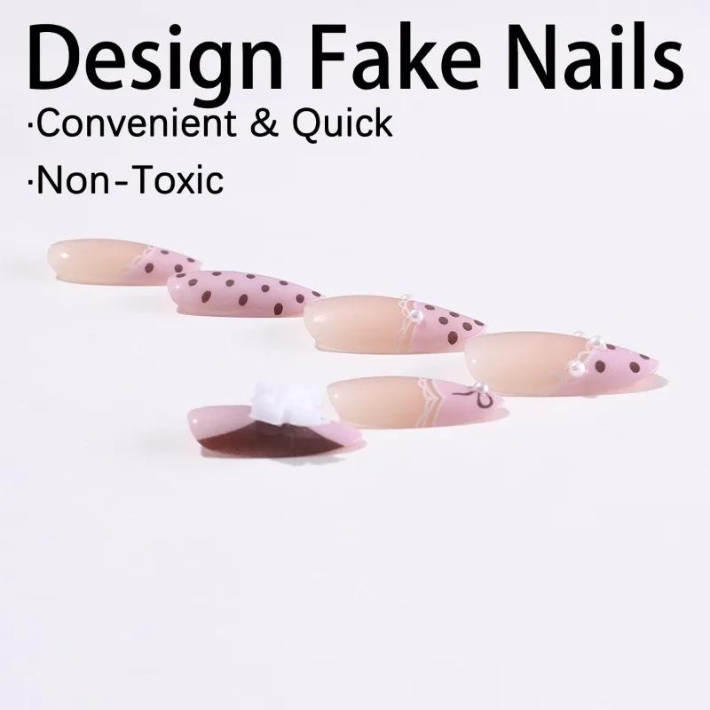 24 faux ongles en gel press-on rose bonbon, pois marrons, nœud papillon blanc 3D, faux ongles pour f