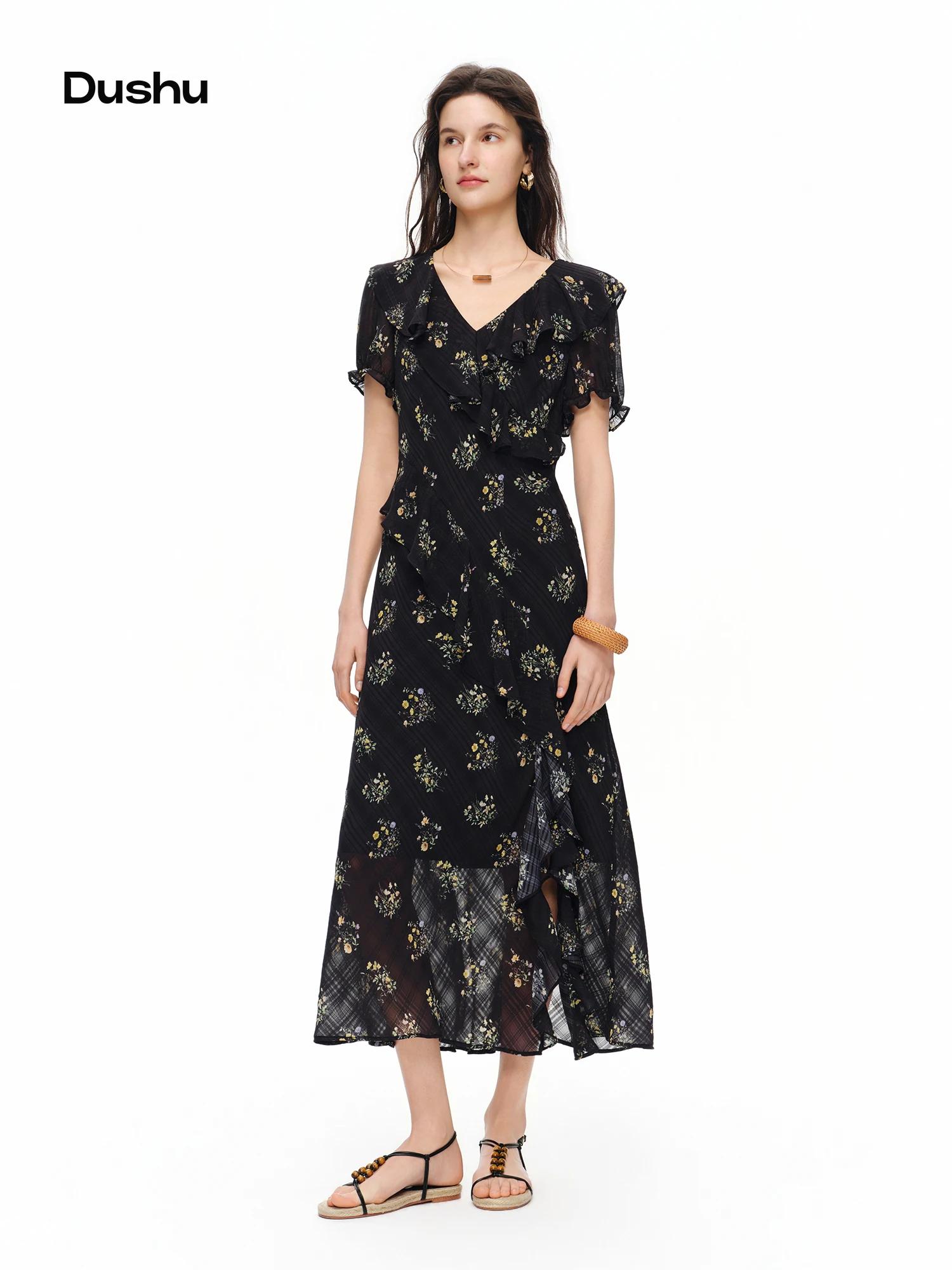 Robe florale à motif quadrillé subtil DUSHU 2026 pour femme avec volants - Style féminin et délicat 