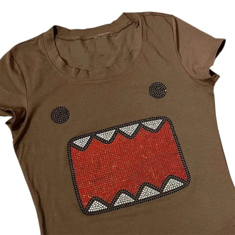 Été nouvelles femmes Y2K fille rétro chaud Fix strass Application col rond haut T-shirt drôle Vintag
