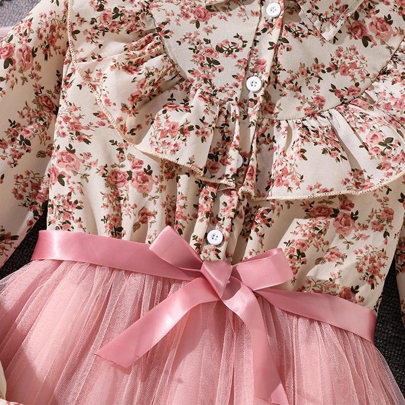 Robe de Style paysan pour filles de 8 à 12 ans, imprimé Floral, revers, ourlet en maille rose, douce