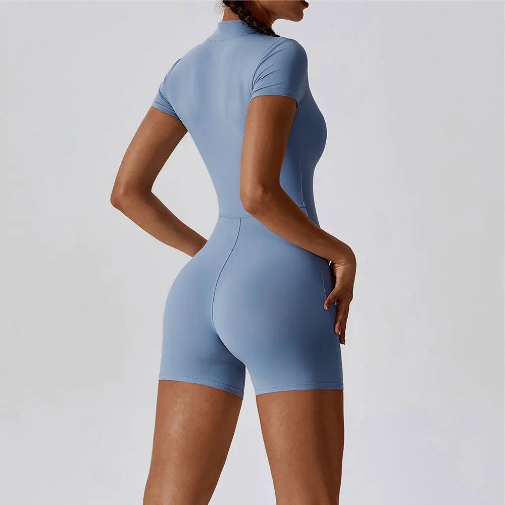 Ensemble de Yoga une pièce pour femmes, fermeture éclair, manches courtes, vêtements d'entraînement,