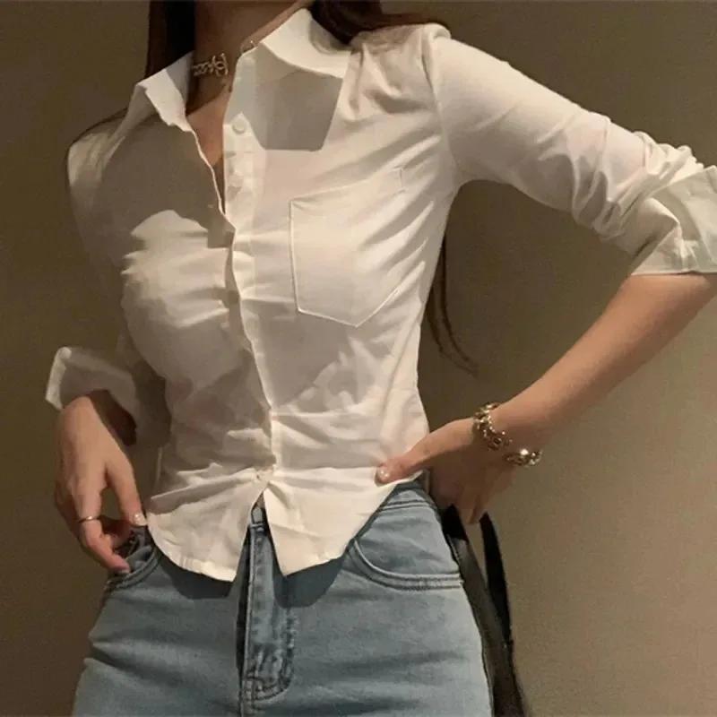 Coréen blanc bureau femmes chemise en mousseline de soie poche bouton revers dames Blouse printemps 