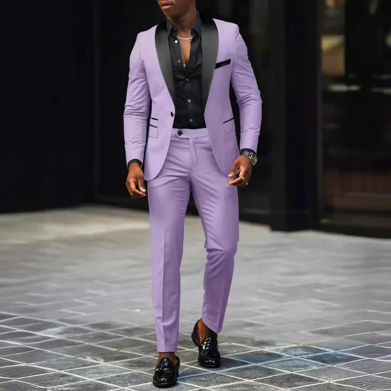 Ensemble 2 pièces KIDWHXR pour homme : Blazer patchwork à simple boutonnage et pantalon uni slim – T