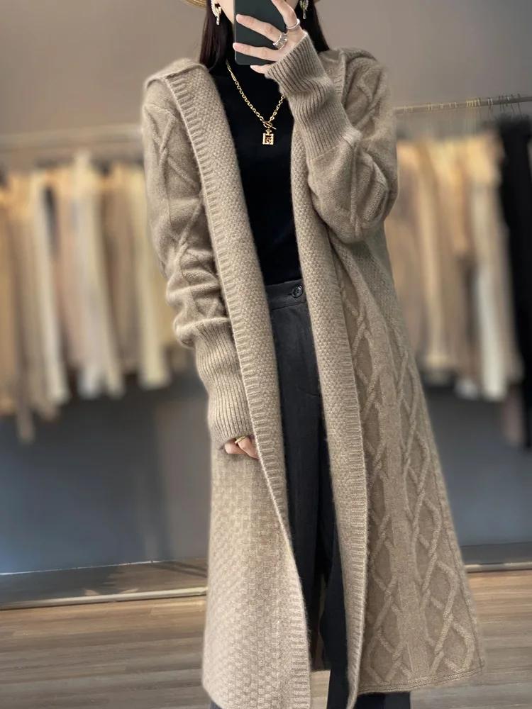 Cardigan Long en laine mérinos pour femme, pull torsadé à manches longues, manteau, ample et chaud, 