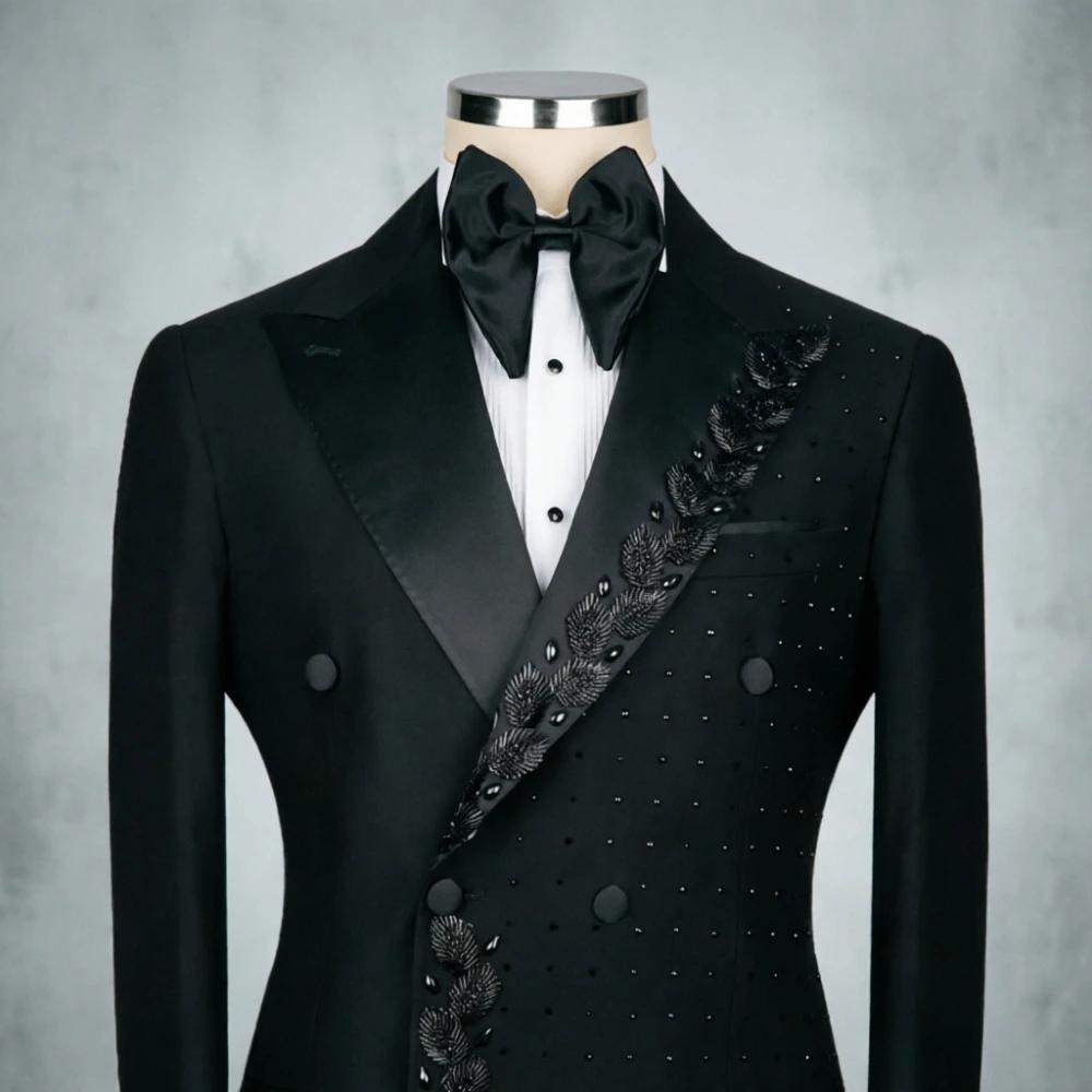 Costume Homme Perlé Brodé Noir Texturé Croisé Coupe Slim Formel pour Mariage, Bal de Promo, Dîner, S