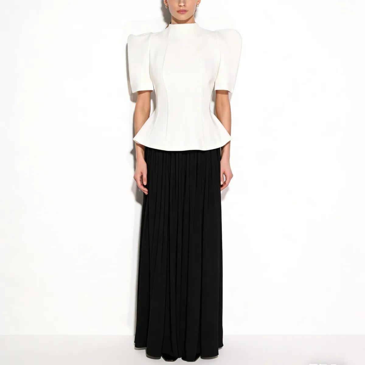 Haut Peplum Femme CiCi Col Montant Manches Courtes Bouffantes Silhouette Structurée Élégant Tenue de