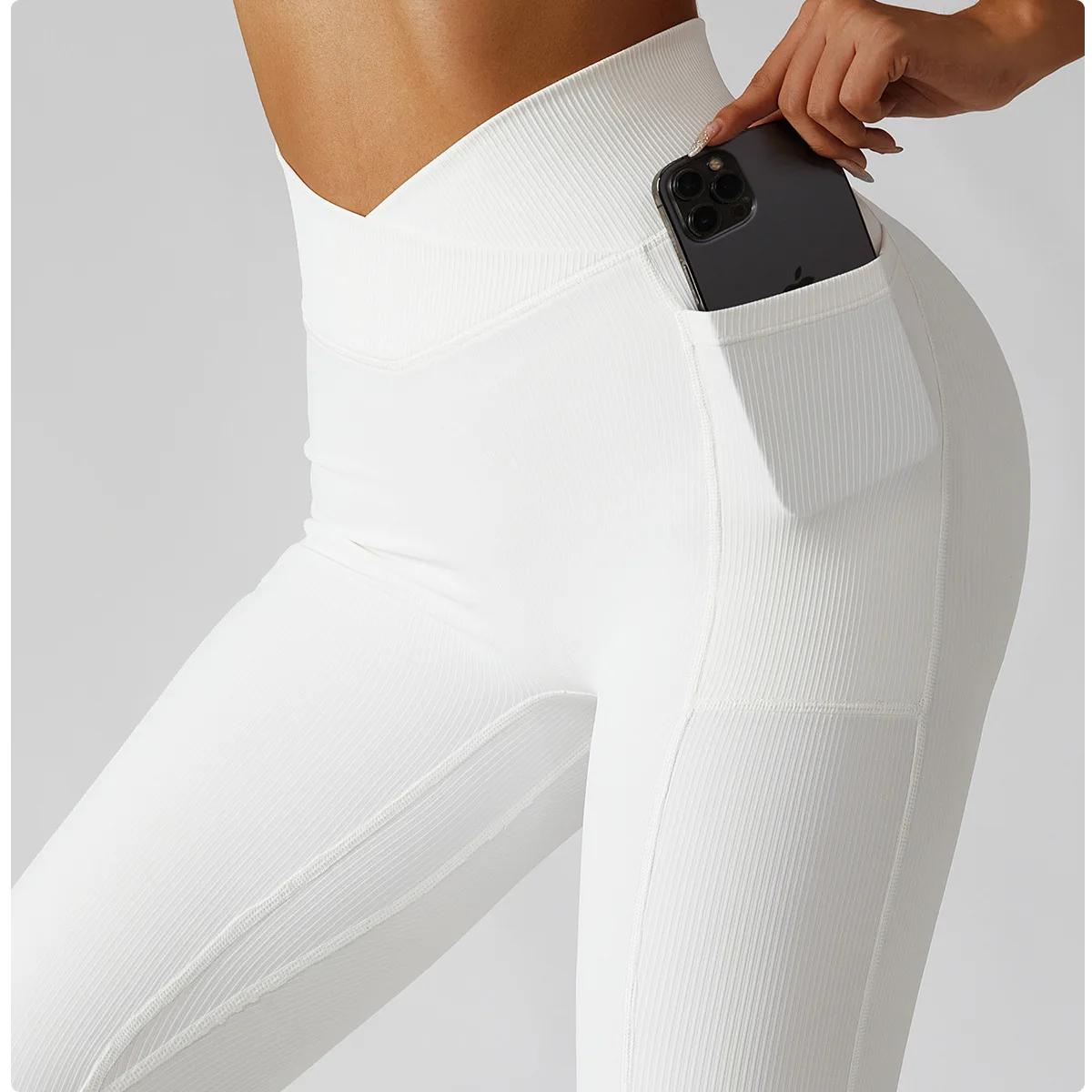 Pantalon de Yoga côtelé de couleur unie pour femmes, poches croisées, taille haute, Leggings de Fitn