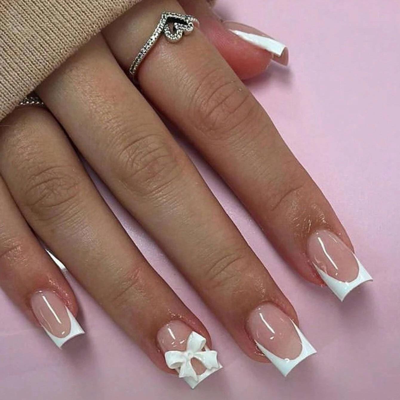 CuemployPusher-Faux ongles français, carré moyen, blanc, nœuds sur les ongles, poignées amovibles et