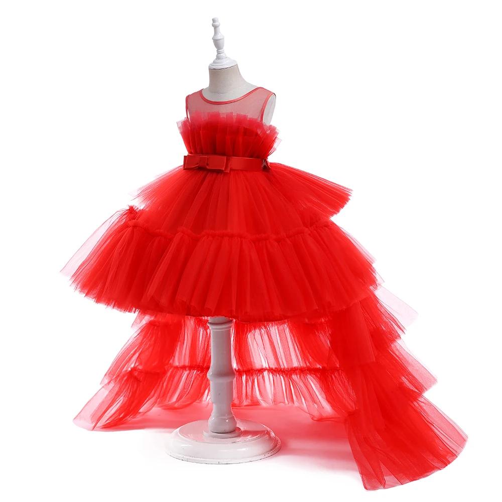 Robe à fleurs bouffante rouge en Tulle pour filles, robes de fête de première Communion pour enfants