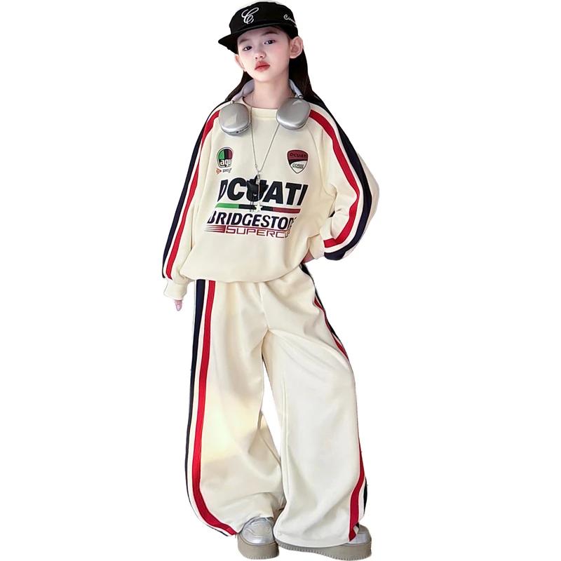 Vêtements pour enfants, ensemble deux pièces pour filles, style course, sweat-shirt à imprimé lettre