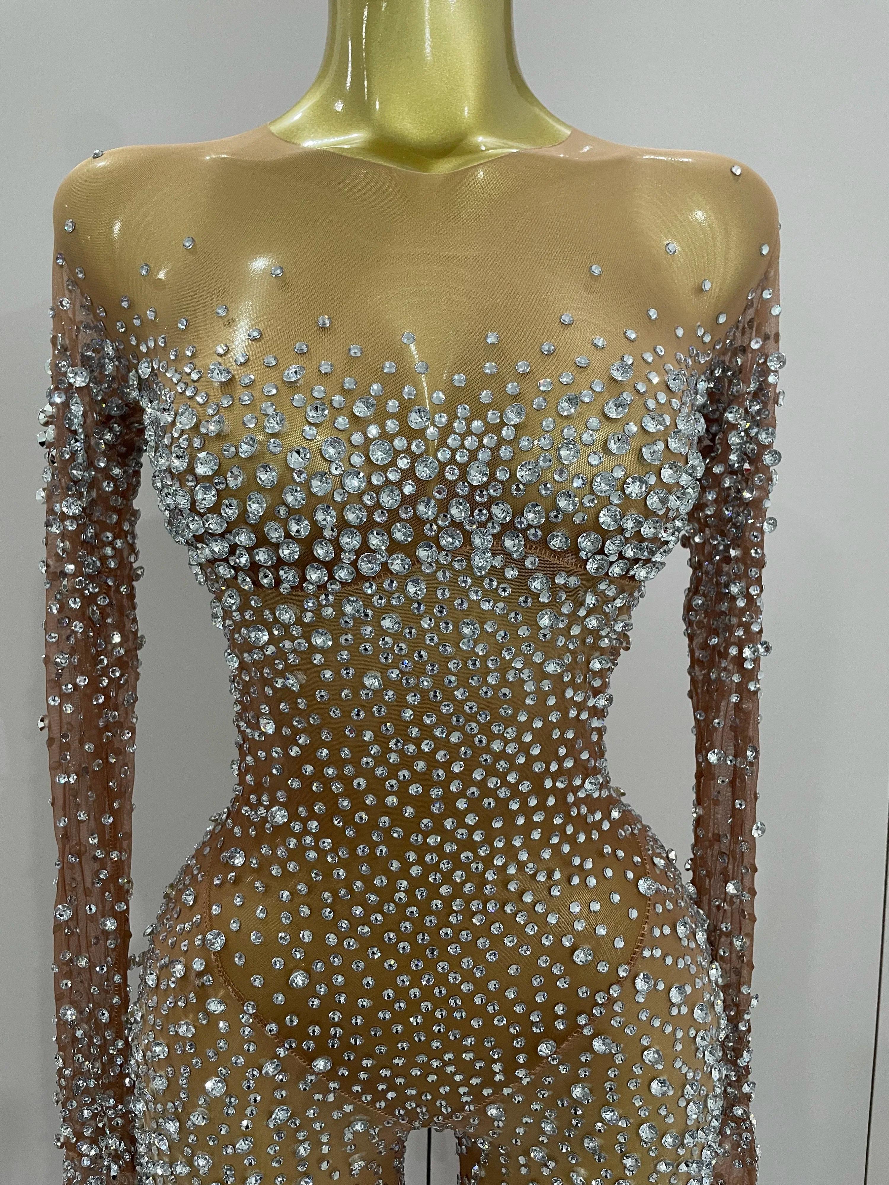 Combinaison de luxe en maille transparente pour femmes, strass scintillants, Sexy, moulante, robe d'