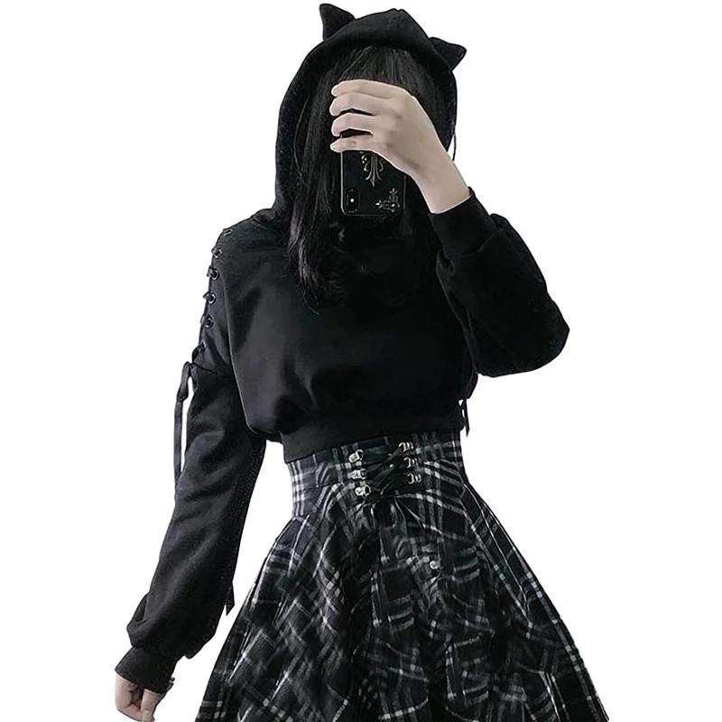 Y2k gothique femmes à capuche chat oreille haut court sweat à capuche évider à lacets à manches long