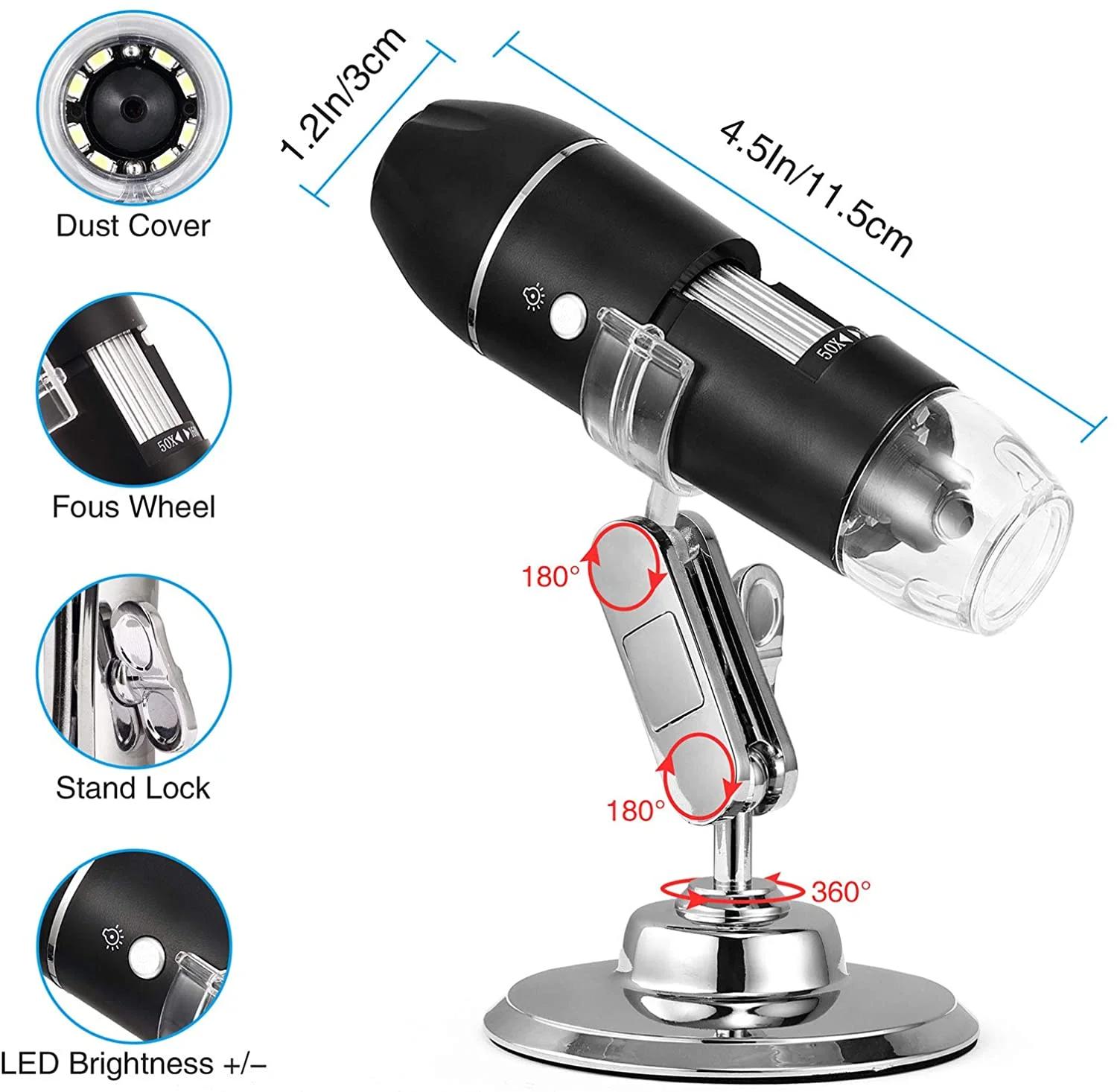 RIEVBCAU Microscope numérique USB 500X 1000X 1600X Microscope électronique professionnel avec 8 LED 