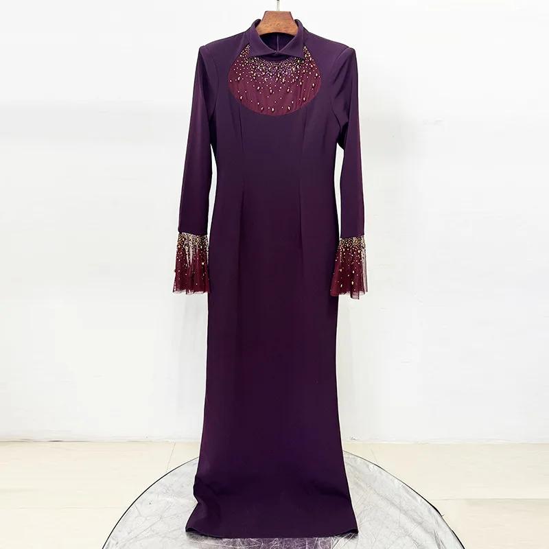 Nouvelle Collection 2026 – Robe Longue de Créateur pour Femme avec Col à Revers, Maille Patchwork, D