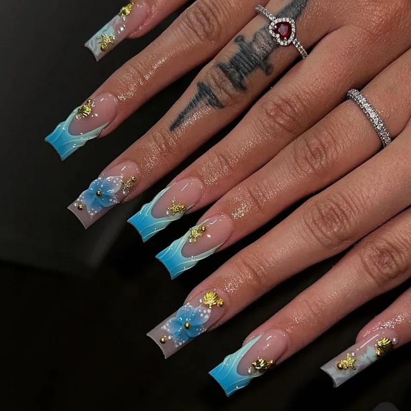 24 pièces Simple français presse sur faux ongles court carré presse sur ongles fleur strass faux ong