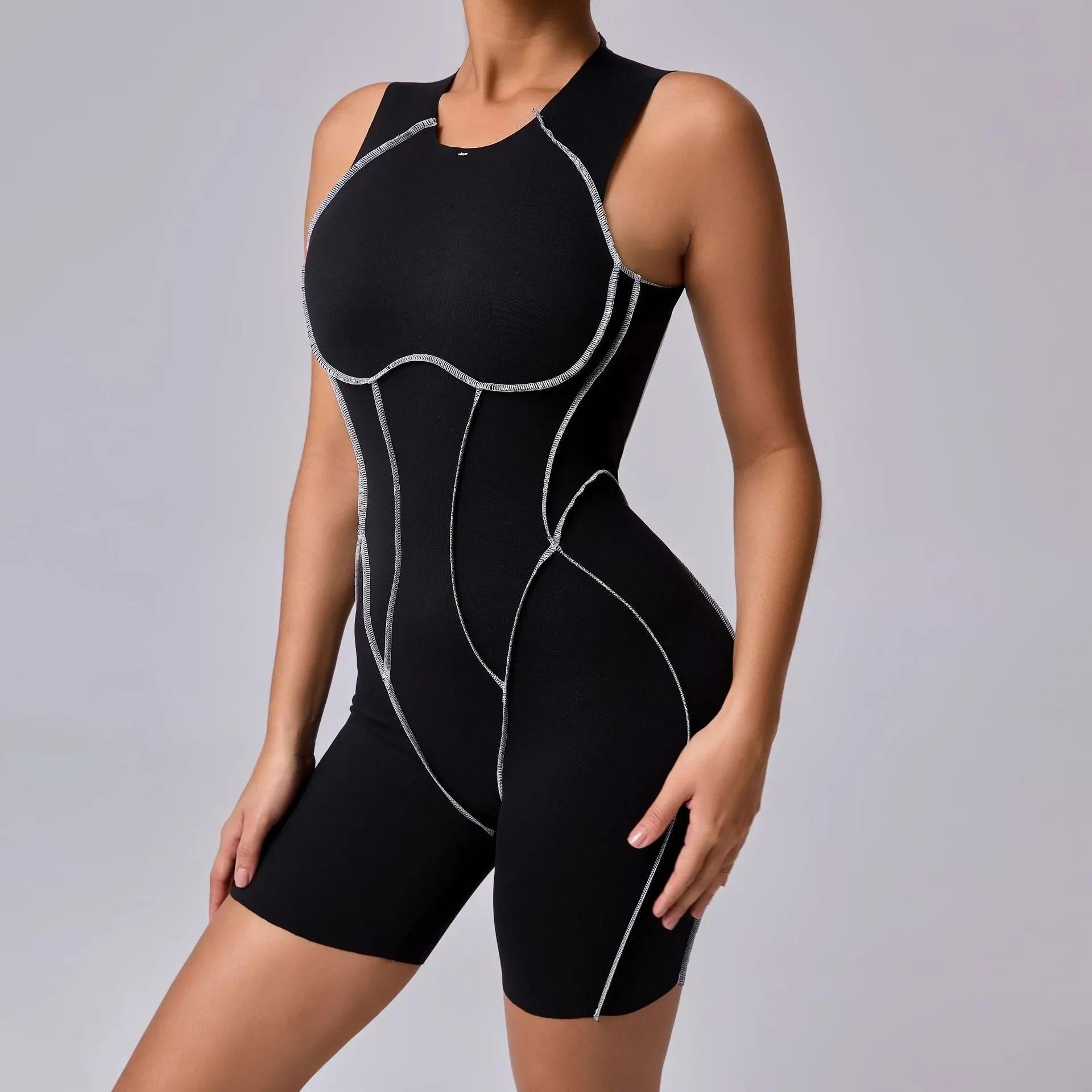 Combinaisons de Yoga dos nu pour femmes, couleur couture, avec coussinets de poitrine, sans manches,