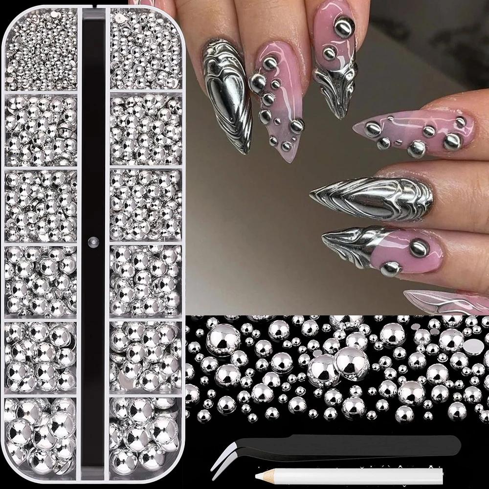 Perle de Caviar en métal demi-rond en argent brillant, 12 grilles, Rivets pour ongles, breloques 2/3