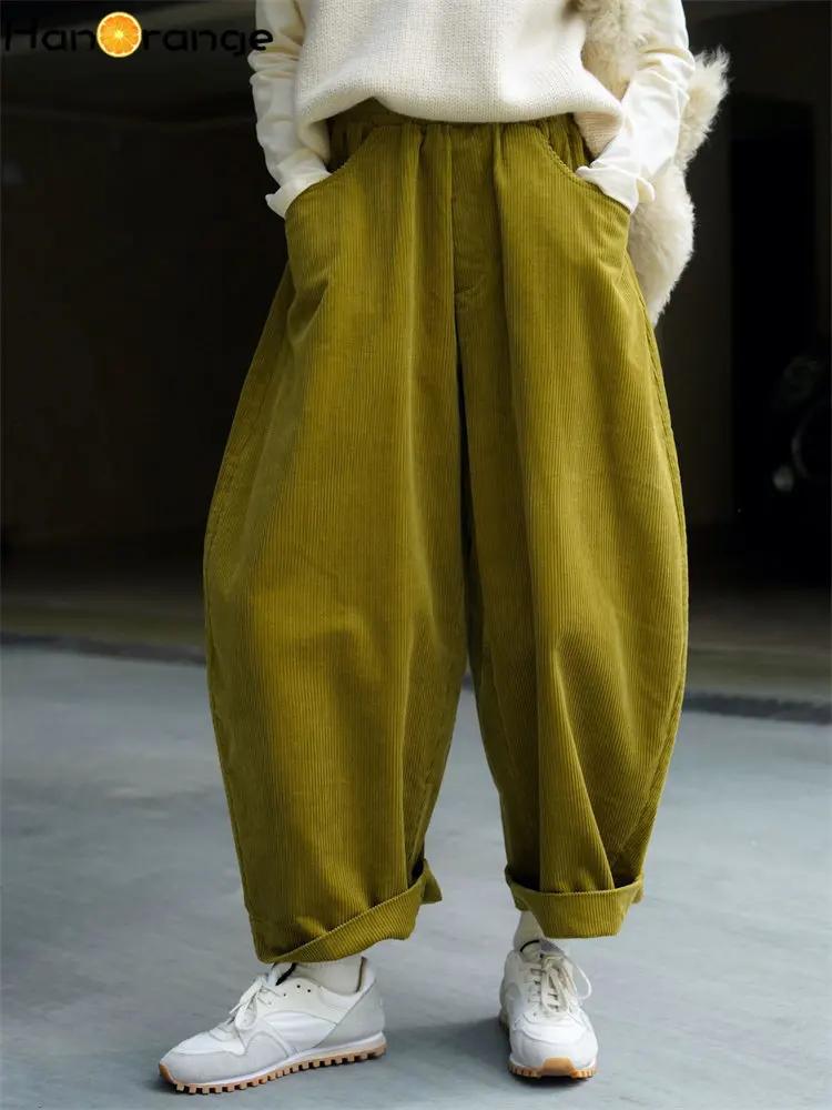 HanOrange-Pantalon large en velours côtelé pour femme, périphérie paresseuse, taille élastique, déco