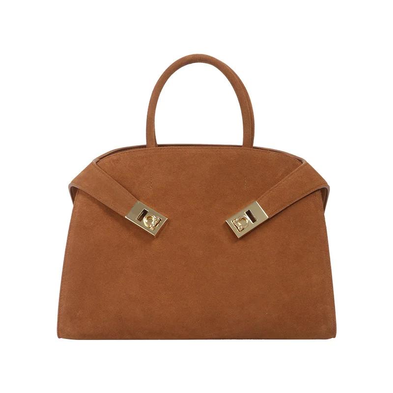 Niche léger luxe mat cuir grande capacité peau de vache femmes sac à main marron daim fourre-tout sa