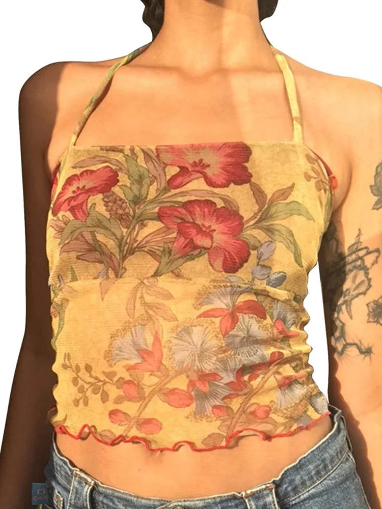 Y2K – T-shirt à fleurs transparentes en maille, Vintage, col licou, sans manches, Slim Fit, haut cou