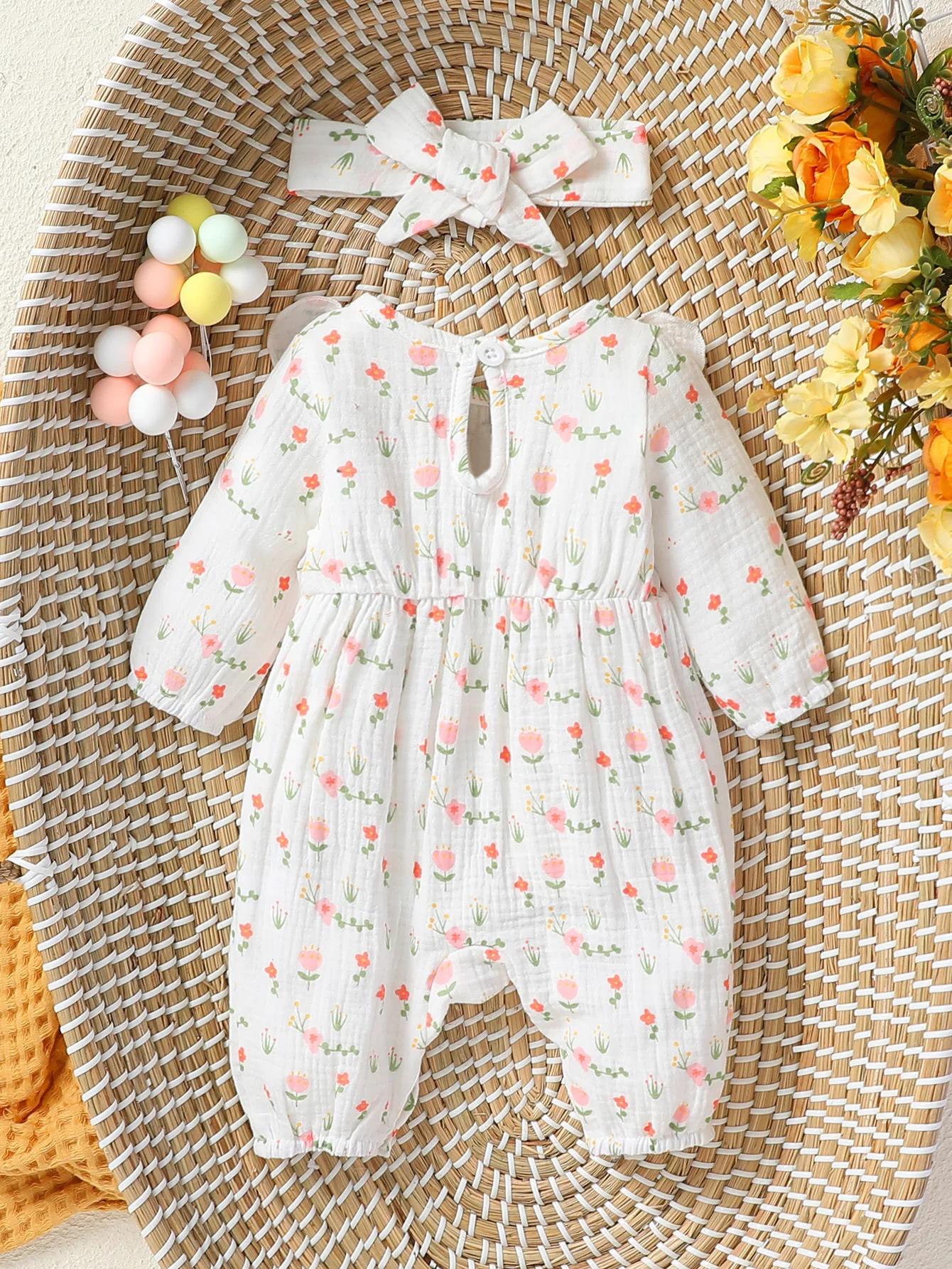 Combinaison quotidienne à manches longues pour bébé fille, imprimé Floral avec nœud, vêtements pour
