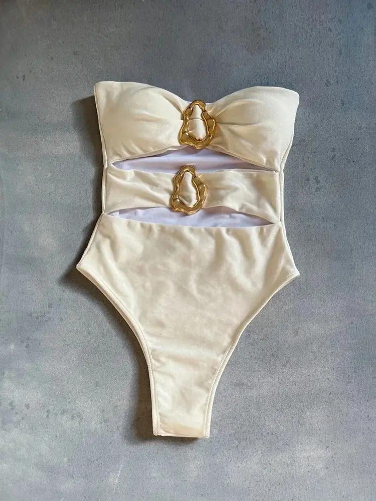 Maillot de bain femme une pièce bandeau jambe haute - Anneaux métal découpé sexy 3 couleurs