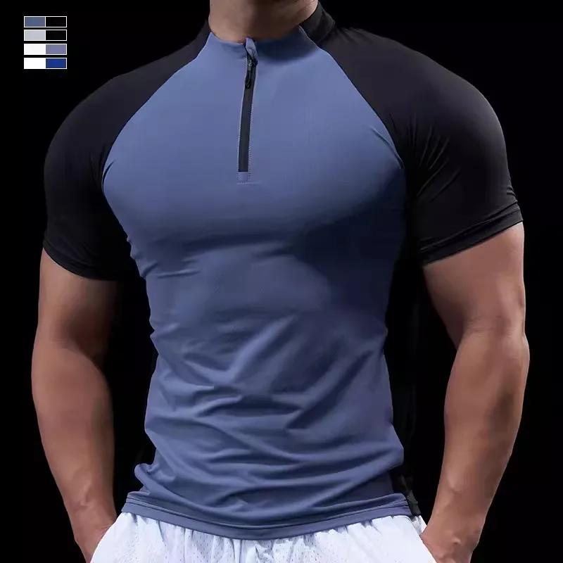 Hommes Compression course fermeture éclair polo t-shirt Fitness serré Sport t-shirt formation Joggin