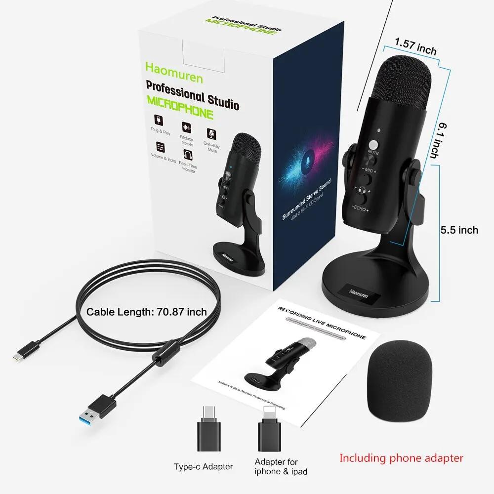 Haomuren Microphone USB pour PC Mac enregistrement de jeu flux Podcast, micro à condensateur d'ordin