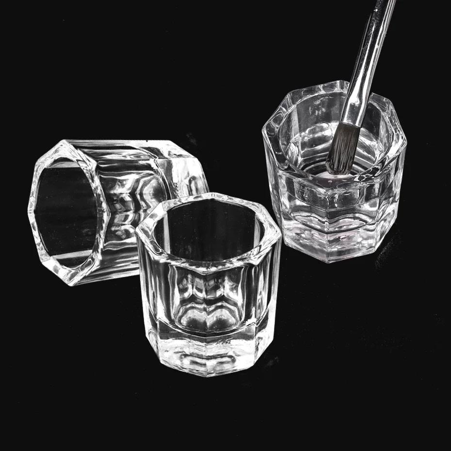 Mini verre cristal acrylique transparent, petite poudre octogonale, tasse à ongles liquide, brosse à