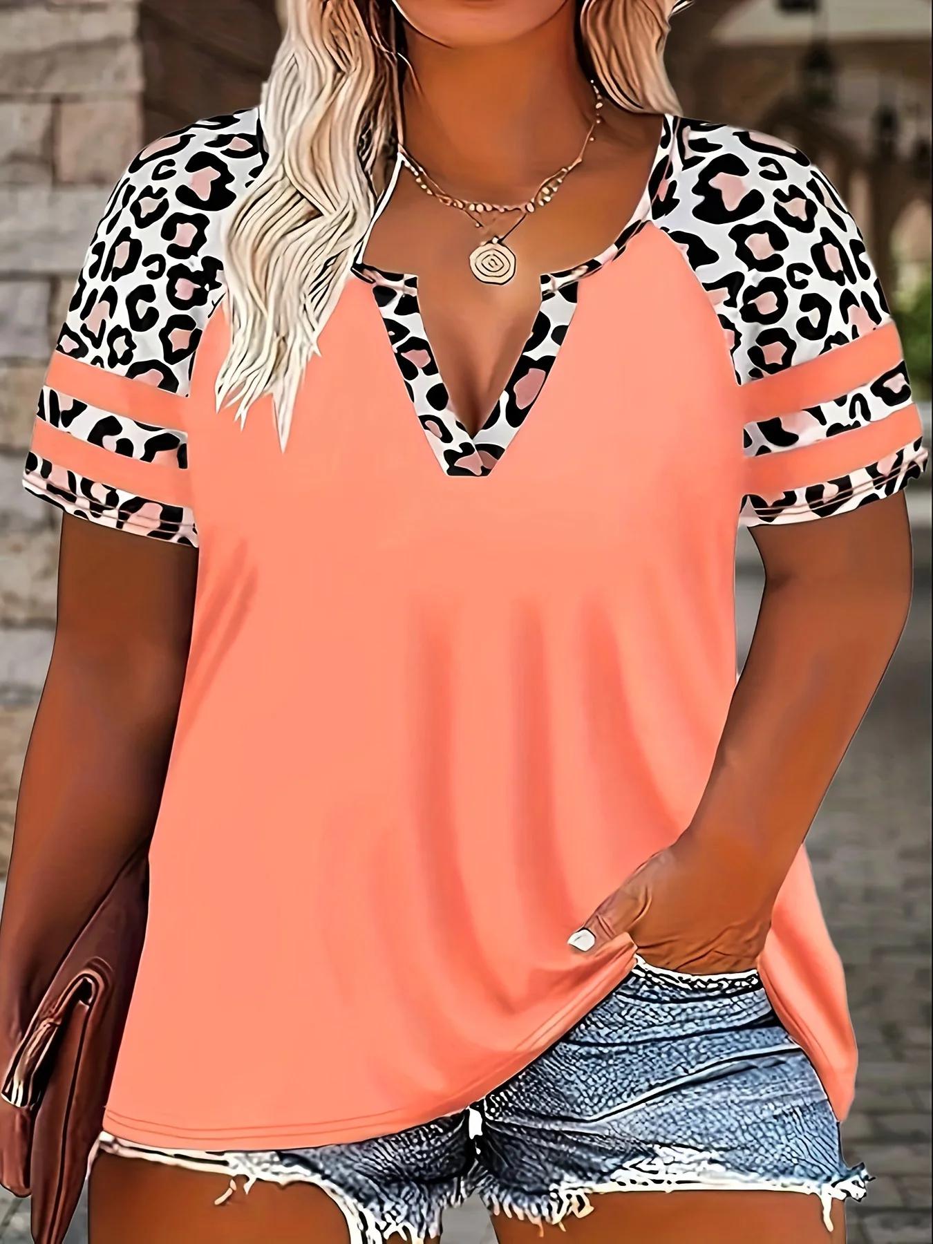 T-Shirt à manches courtes pour femmes, coupe ample, décontracté, imprimé Floral léopard, grande tail