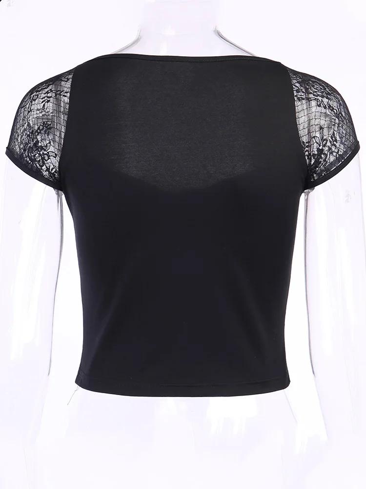 T-shirt gothique Vintage pour femmes, moulant, Bandage, dentelle, maille noire, Sexy, décontracté, g