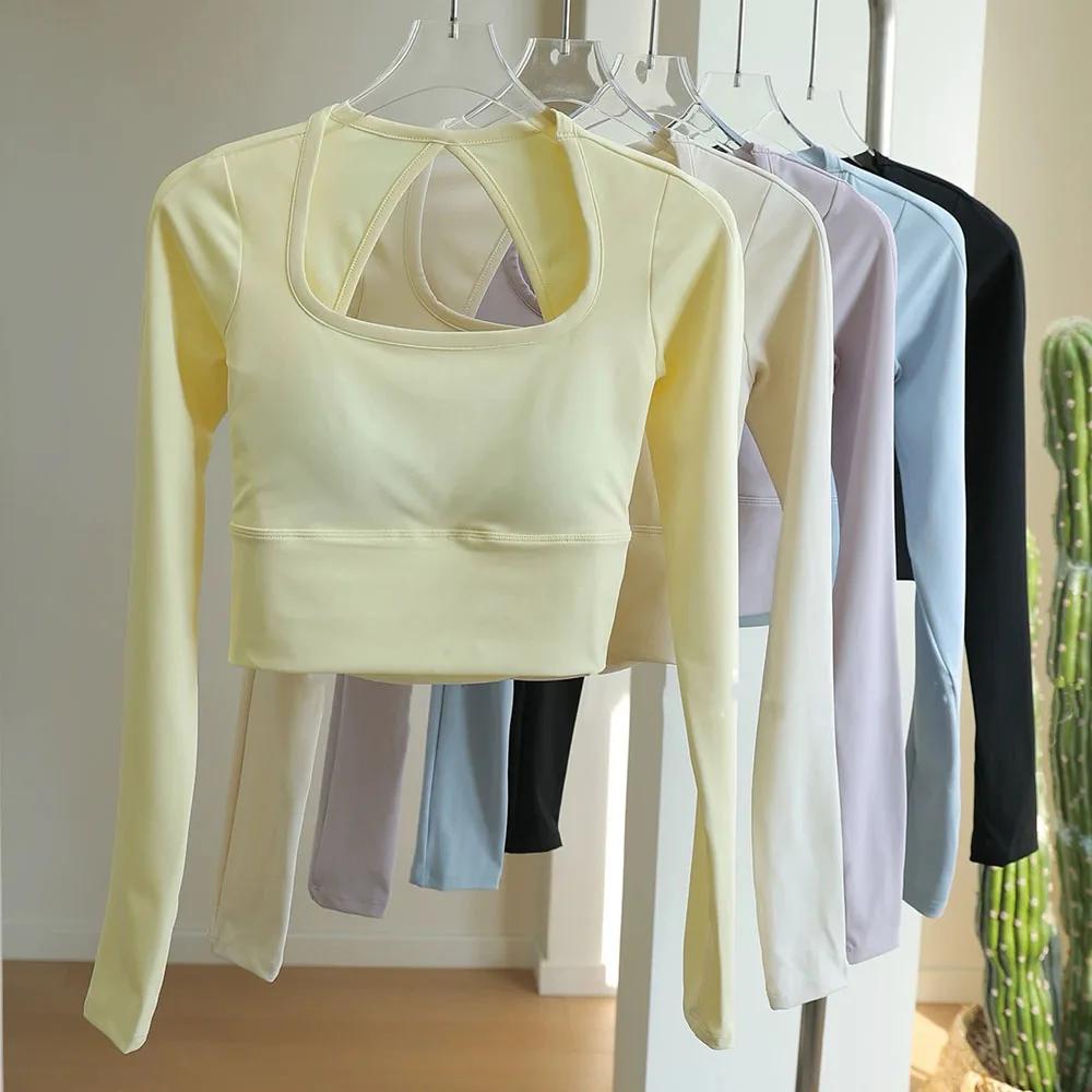 Haut de sport à manches longues pour femmes, avec coussinets de poitrine, vêtements de Yoga, vêtemen