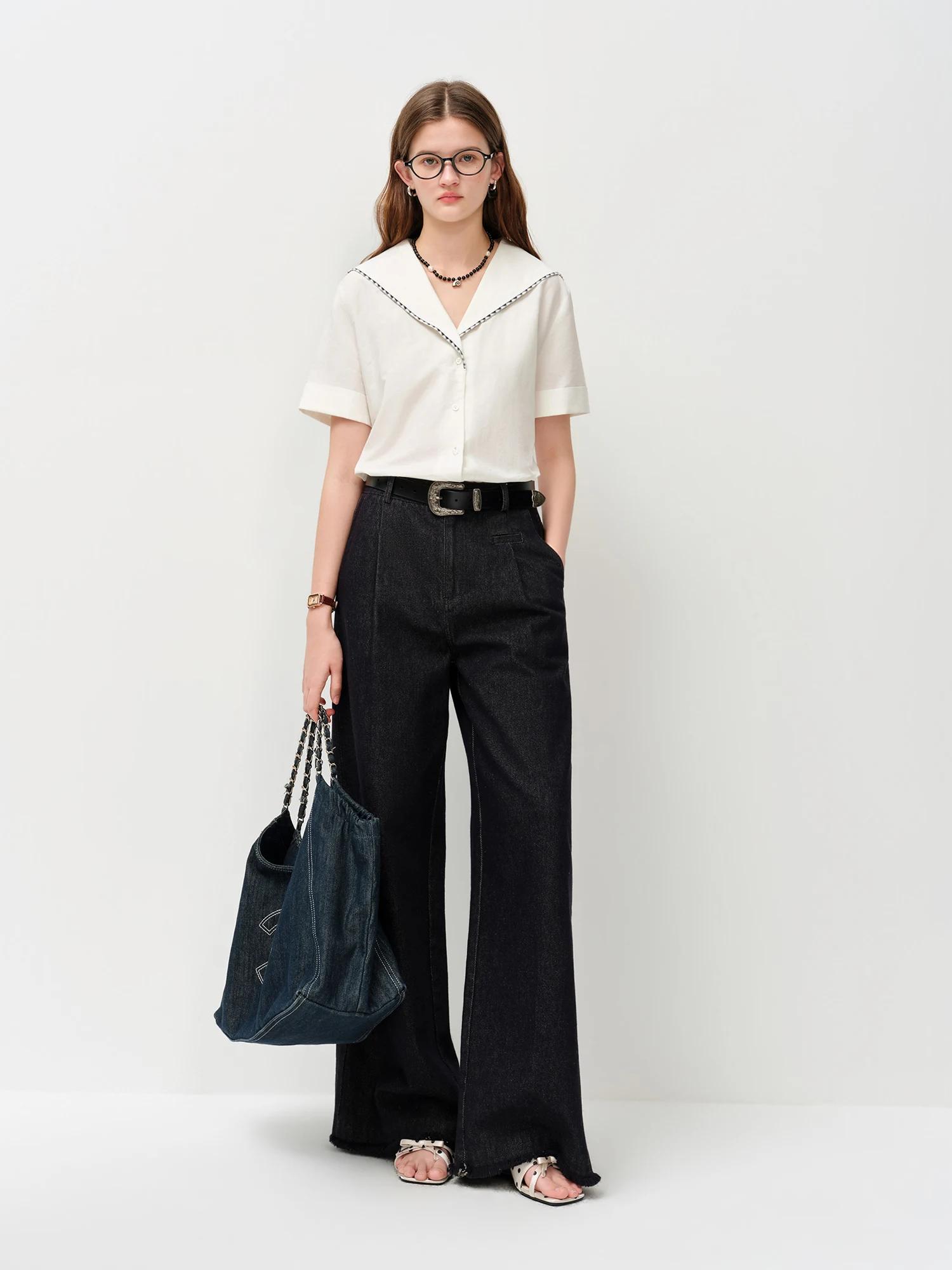 Chemisier à col marin brodé FSLE 2026 pour femme, manches courtes, style preppy boutonné, pour un lo