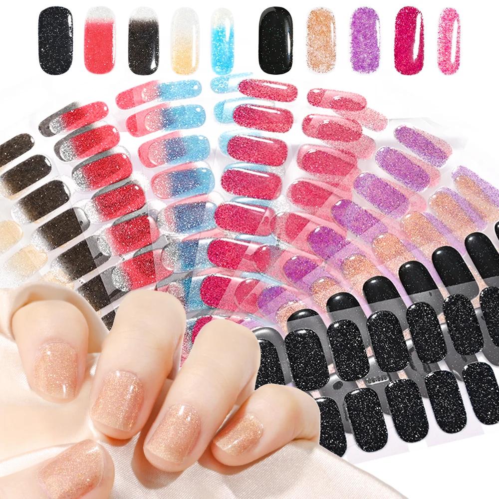 Autocollants pour ongles semi-durcis noirs français, 16 pointes, avec paillettes, Gel UV longue duré