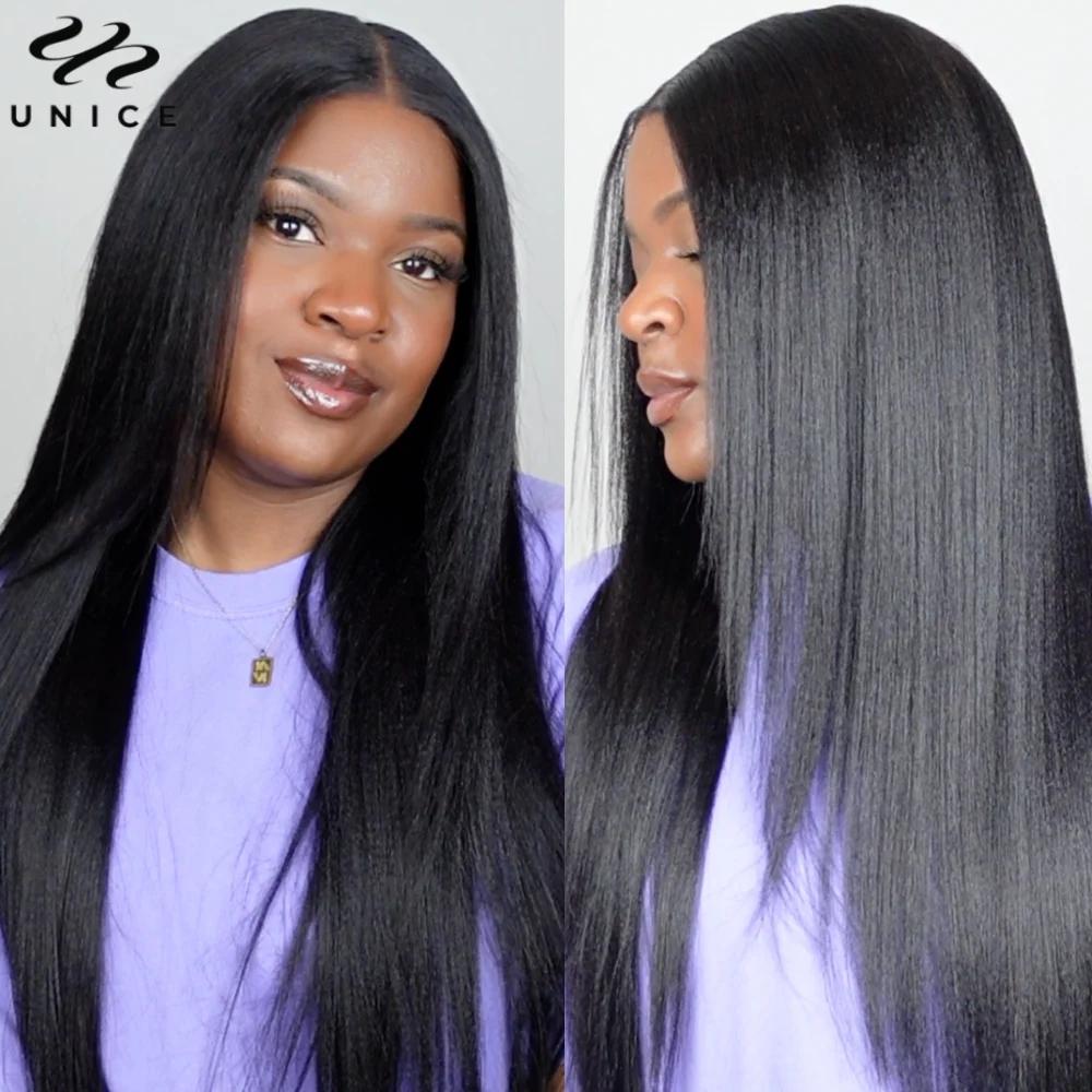 UNice InvisiBlend ™   Yaki droite V partie perruque avec cordon couleur naturelle 100% perruque de c