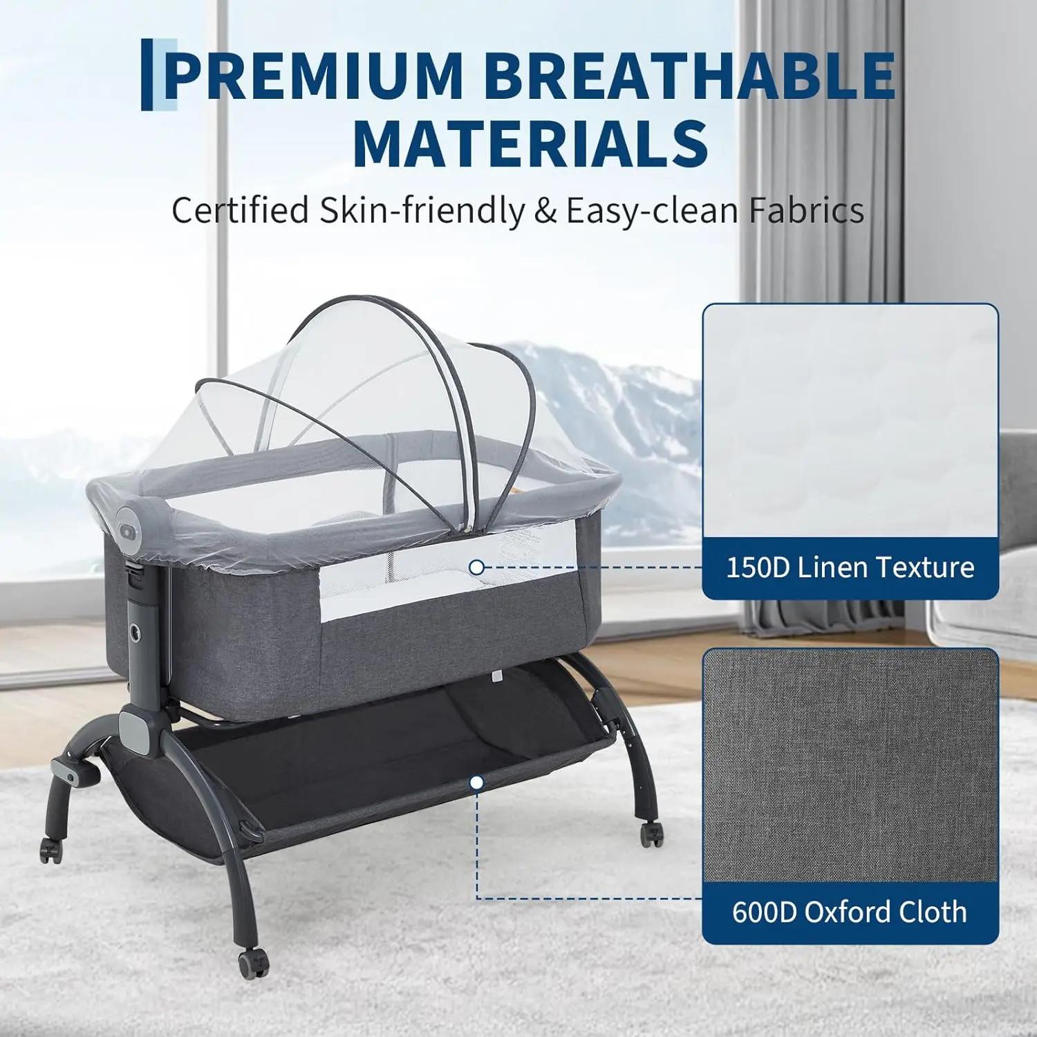 Berceau de chevet 3-en-1 avec lit cododo et lit de voyage avec moustiquaire amovible pour nouveau-né