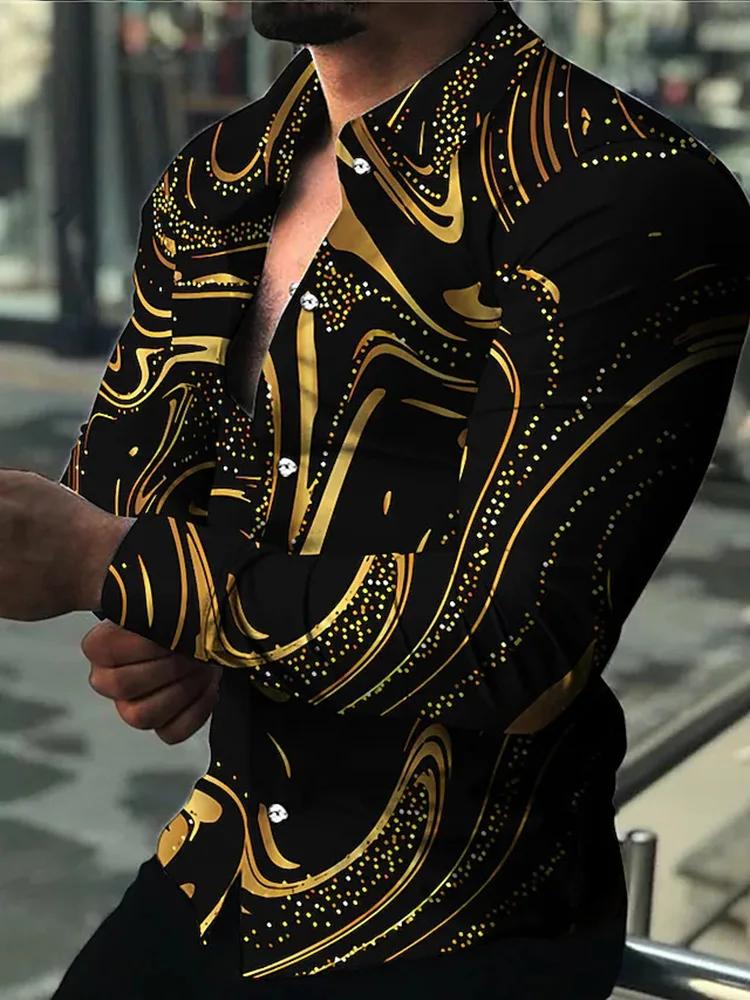 Chemises hawaïennes de luxe à motif doré pour hommes, chemises décontractées à la mode, manches long