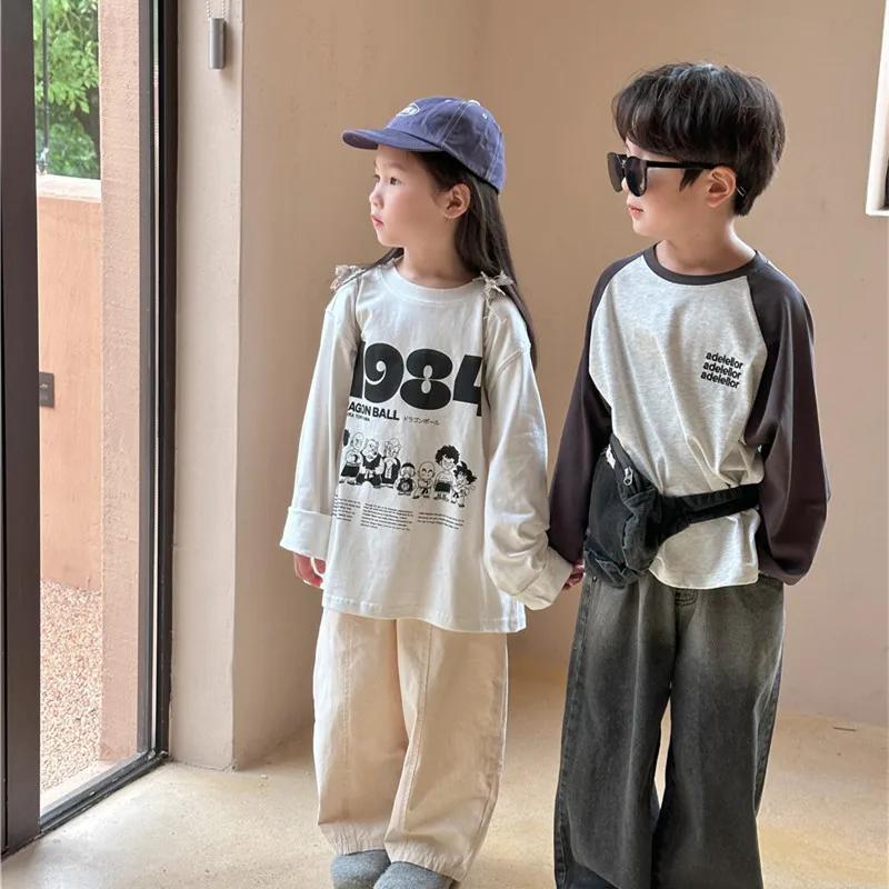 T-shirt manches longues col rond pour enfants, ample, en coton, avec lettres de dessin animé, printe