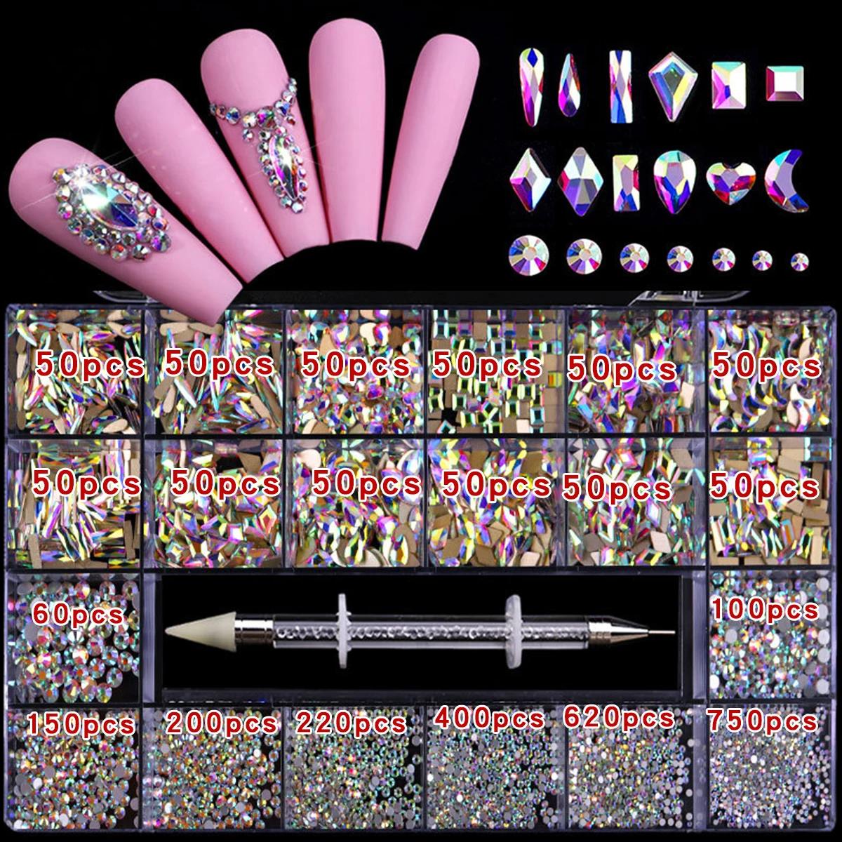Boîte à strass à 21 grilles, mélange de diamants pour ongles, verre plat en forme de diamant, bricol