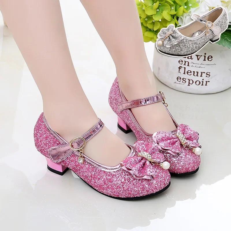 Chaussures de danse princesse à talons hauts pour filles, chaussures à paillettes en cuir souple, à 