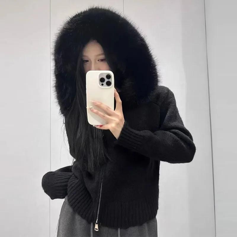 Tricots Cardigan femmes printemps mode tricoté veste femme automne à capuche réel manteau de fourrur
