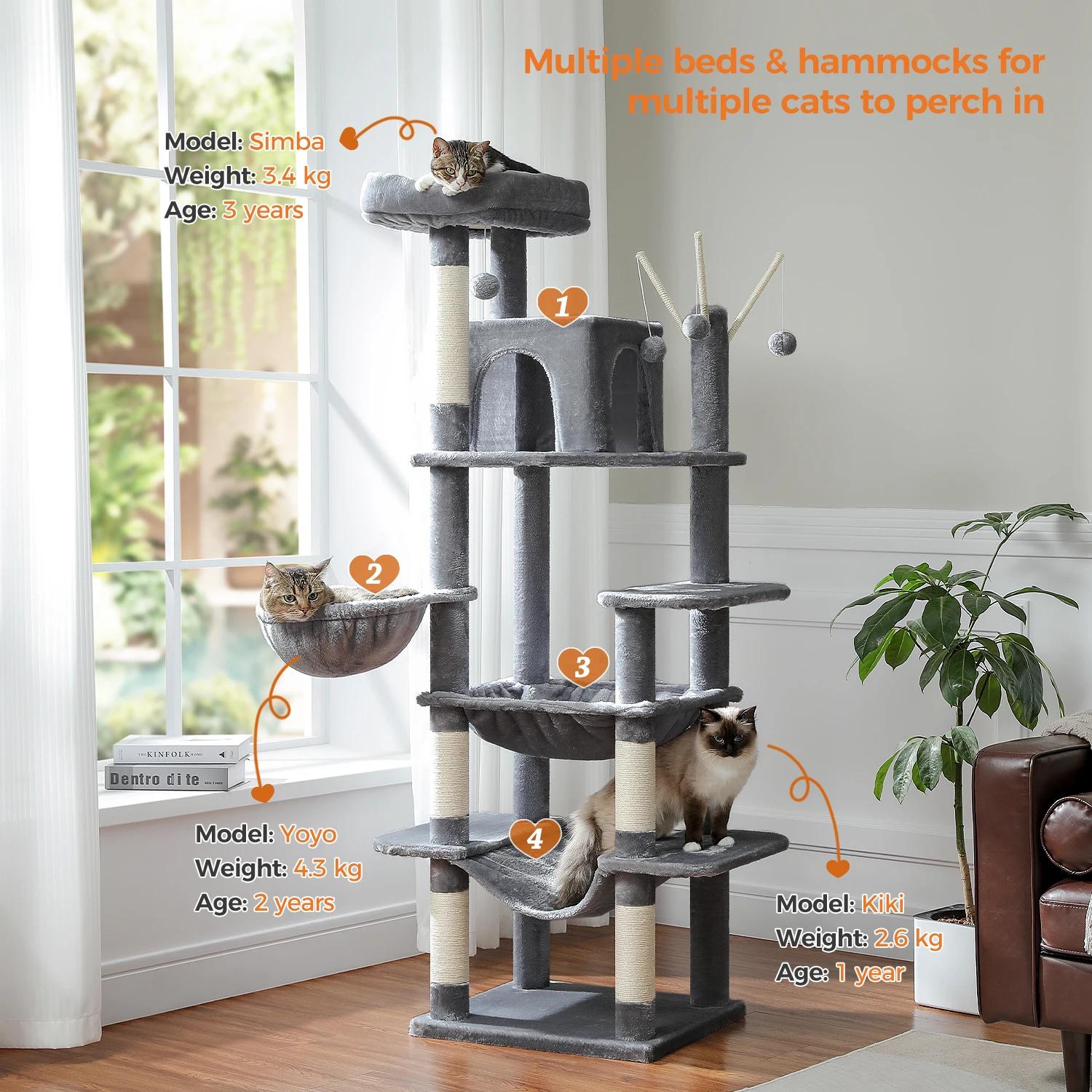 Grand arbre à chat pour grands chats d'intérieur, tour de chat haute pour gros chats avec hamac supe