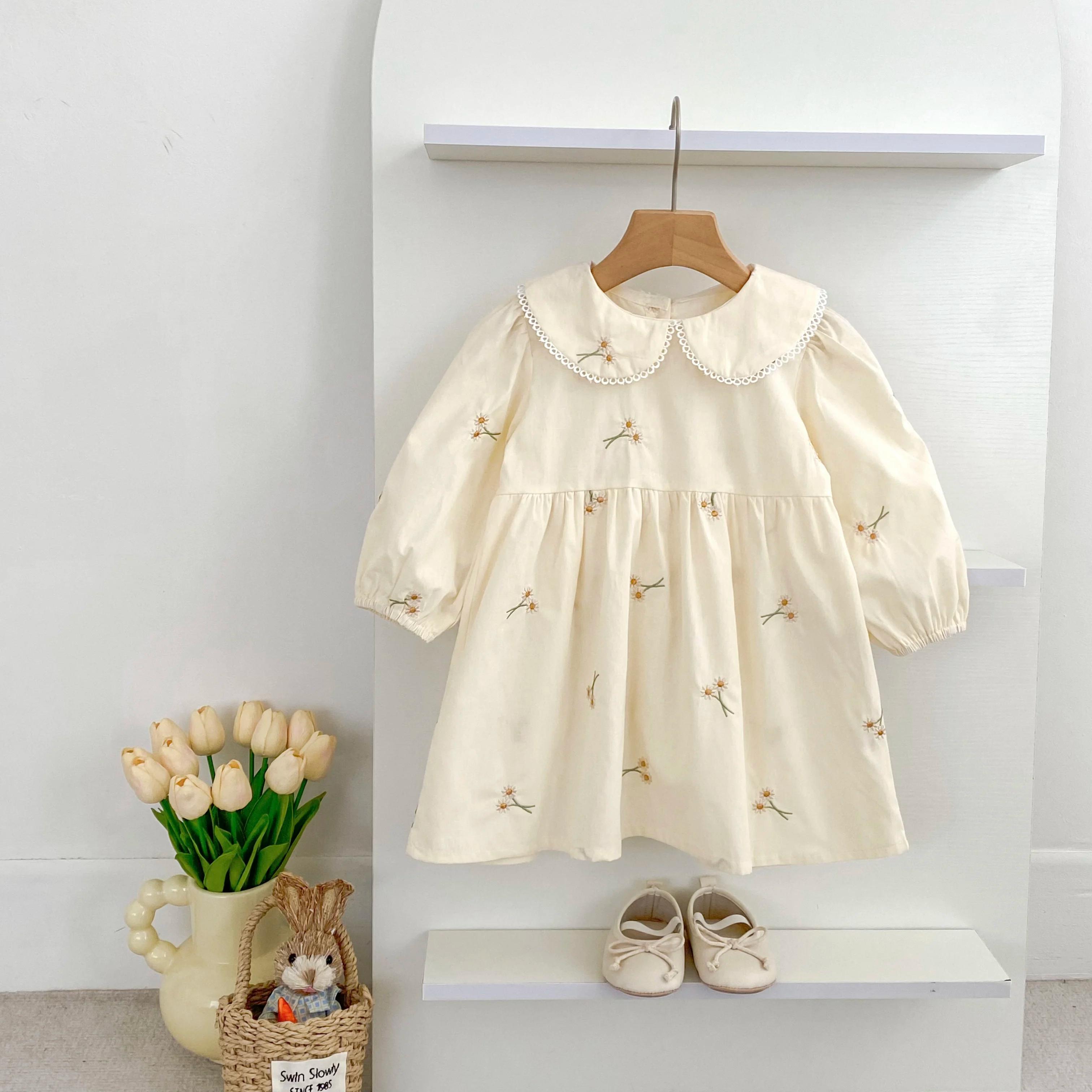 Vêtements de printemps pastorale pour petites filles, robe d'automne en coton brodé à fleurs, robe d