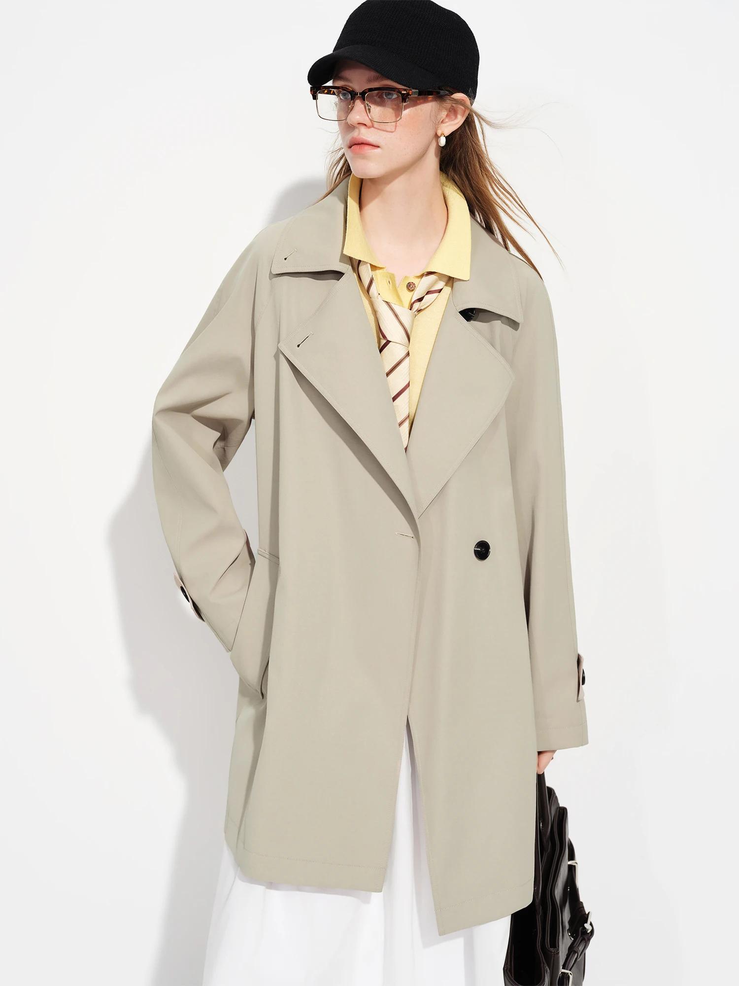 Manteau Trench Mi-Long Décontracté Kaki pour Femme FSLE Printemps 2026 - Style Britannique Double Bo