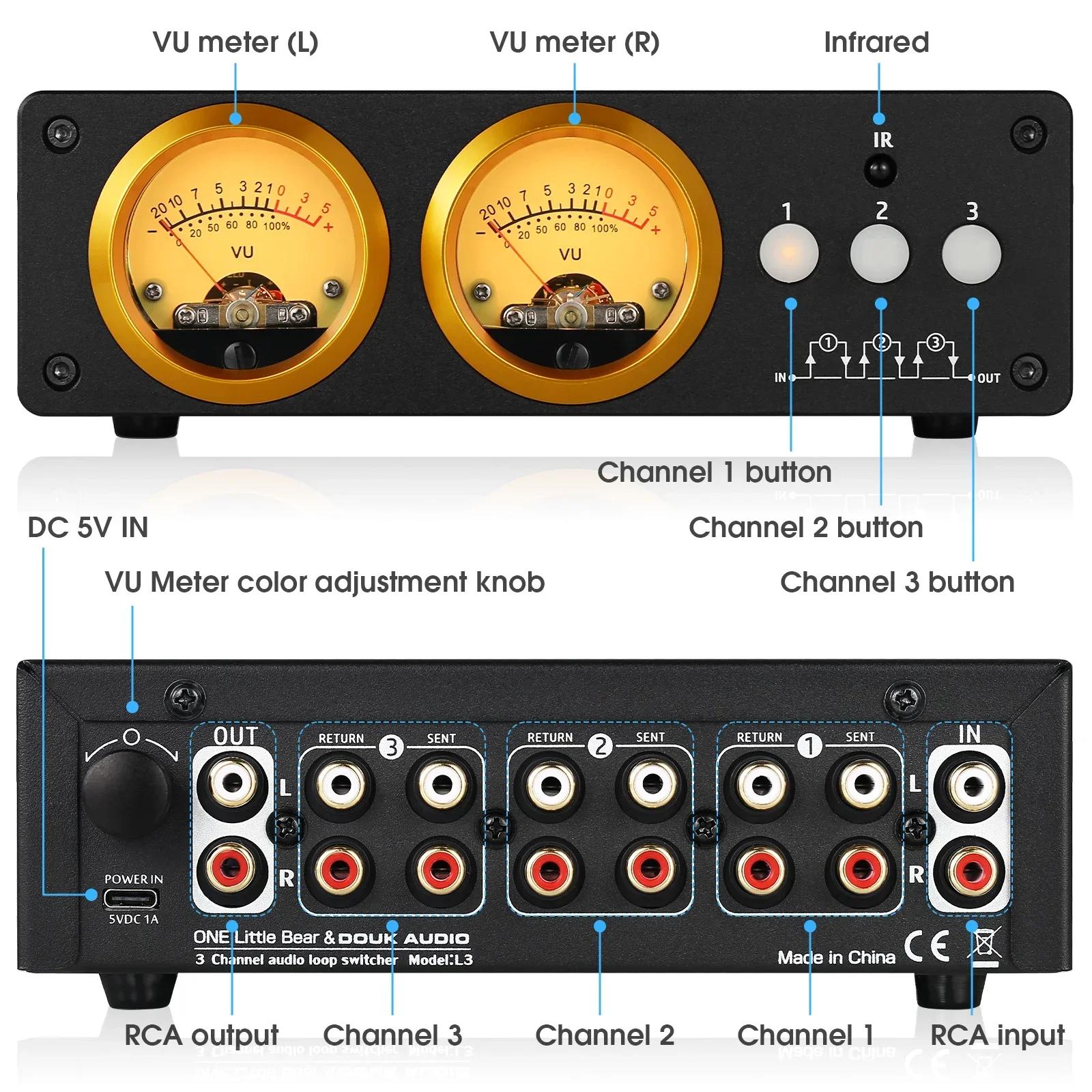 Douk Audio-Commutateur de boucle audio stéréo L3, 3 canaux, VU-mètre, 1 entrée-3 sorties, boîtier de