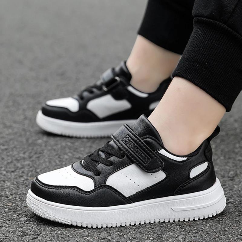 Baskets école garçons filles cuir confortables - Chaussures plates noires blanches antidérapantes pour marche