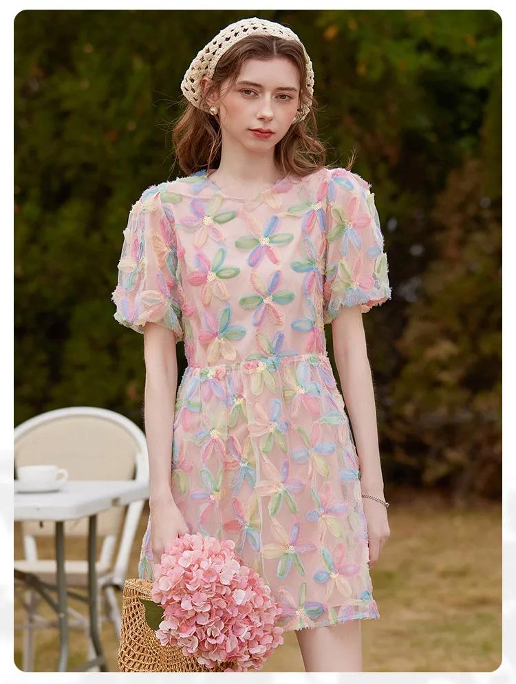 LOUIS YAO robe florale 2025 doux 3D couches sens couleur contraste robe à fleurs manches bouffantes 