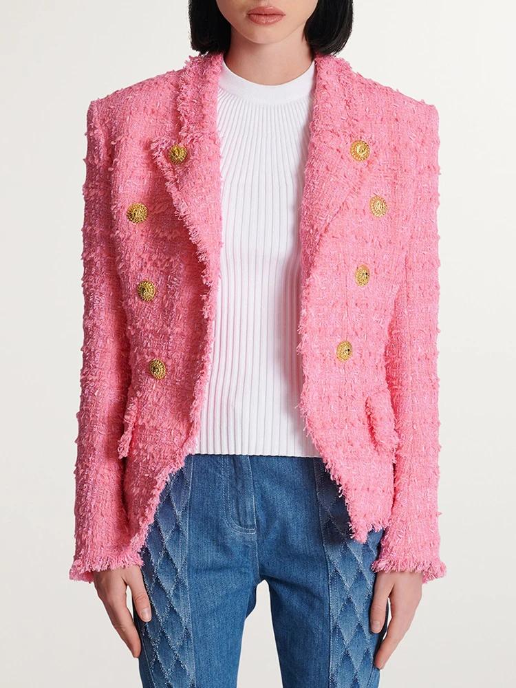 HIGH STREET Nouveauté 2026 FW Blazer en tweed pour femme, coupe ajustée, à franges et pompons, de cr